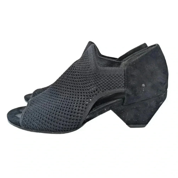 Eileen Fisher Wink Black Knit Open Toe Heels Size 6.5 Stretch Mesh Black Suede - Picture 2 of 9